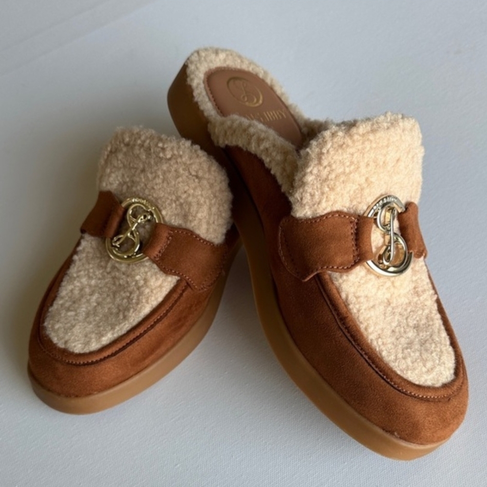 Sam & Libby Tan Shearling Mules with Gold Accent